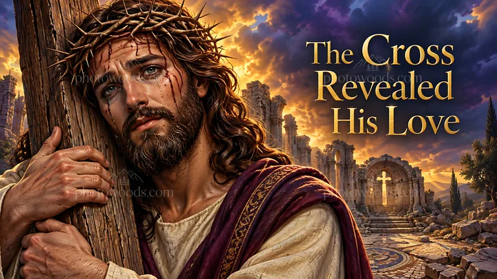 Cross displayed with the figure in a dramatic landscape - AI-generated stock image