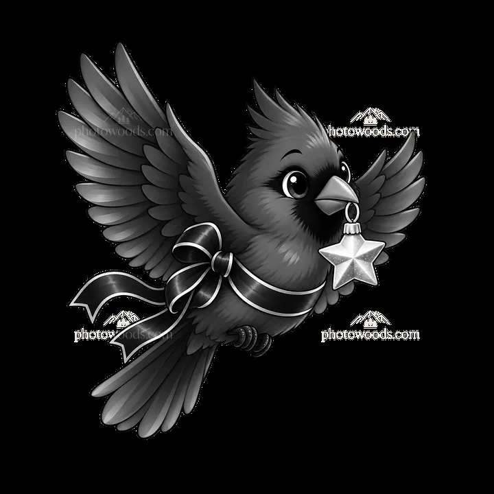 Bird with ribbon holding star ornament in flight - AI-generated stock image
