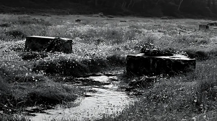 Christmas wreaths beside stream in meadow across black and white scene - AI-generated stock image