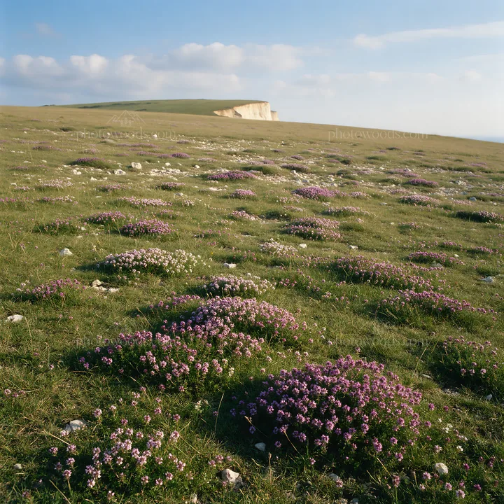 Sunny meadow with wild thyme in bright daylight - AI-generated stock image