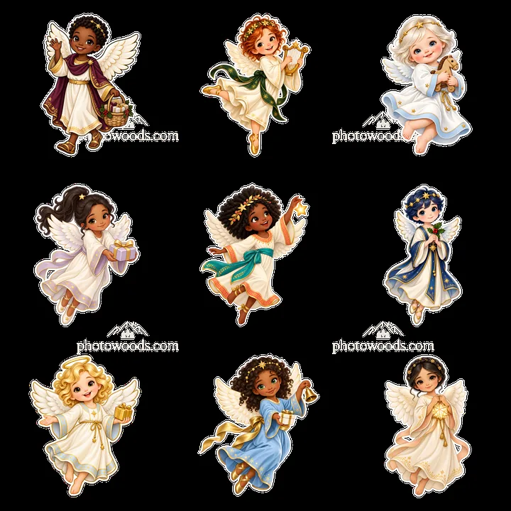 Christ Child angels holding gifts and celebrating in a 3x3 grid - AI-generated stock image