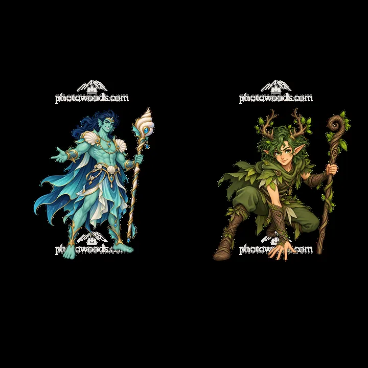 Pagan gods in action with blue deity and green nature spirit - AI-generated stock image