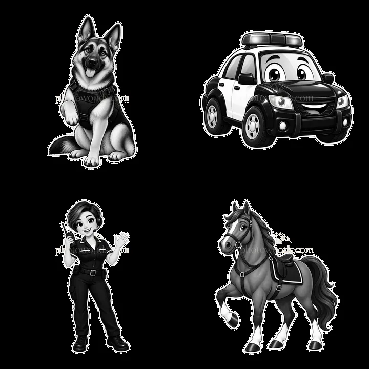 Police dog, police car, police officer, and police horse sticker set - AI-generated stock image