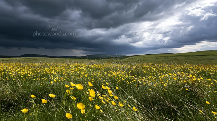 Buttercup meadow with dark clouds overhead - AI-generated stock image
