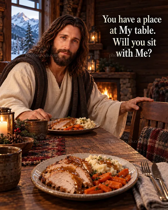 Warmth in the mountain cabin with a meal on the table - AI-generated stock image