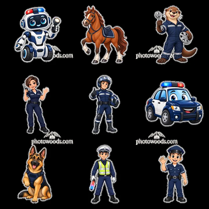 Police and rescue characters in a 3x3 grid arrangement - AI-generated stock image