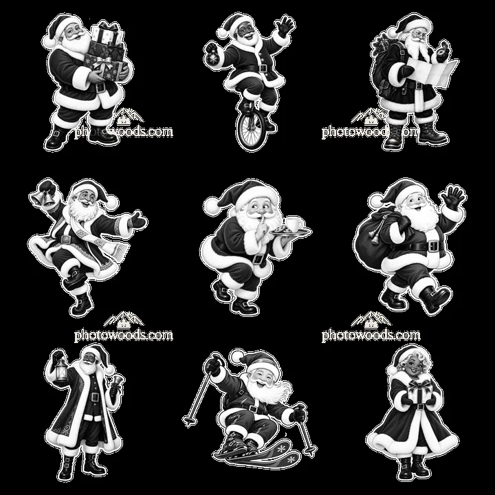Santa Claus performing various festive activities in black-and-white - AI-generated stock image