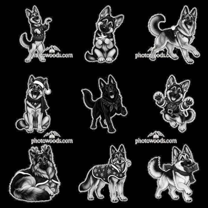 Christmas German Shepherd cartoon stickers in a 3x3 layout - AI-generated stock image