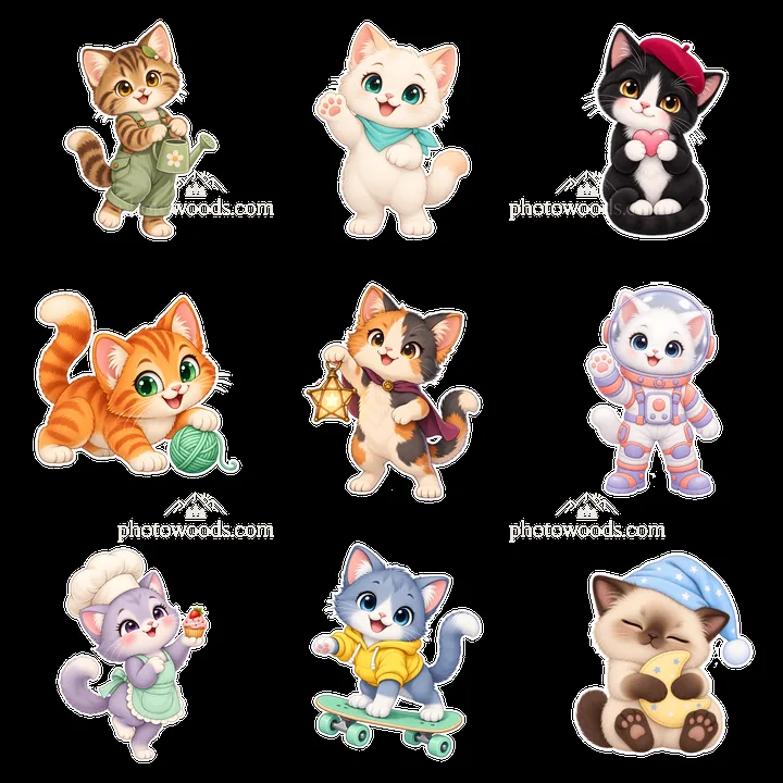 Kawaii cat sticker set with playful and adorable feline characters - AI-generated stock image