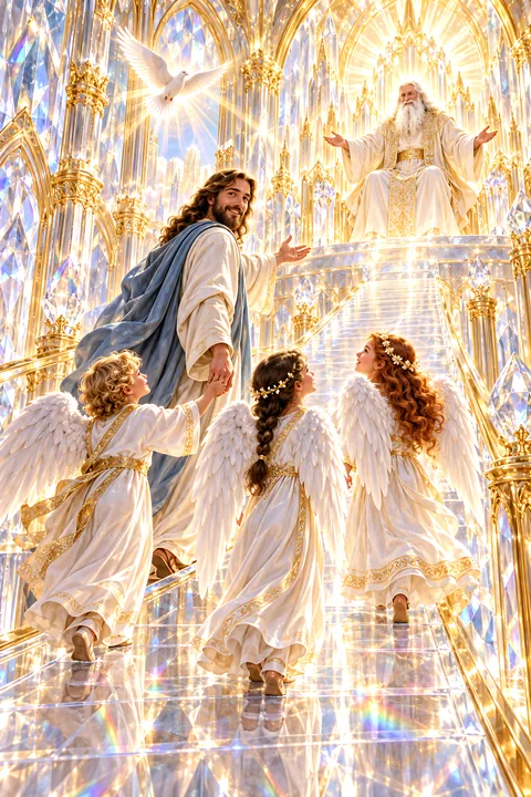 Jesus Christ welcomes children to the heavenly kingdom - AI-generated stock image