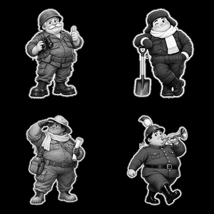 Chubby cartoon soldiers in various poses with accessories - AI-generated stock image
