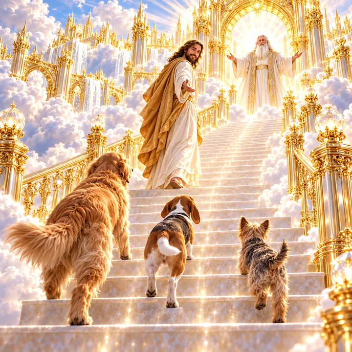 Jesus Christ welcoming animals to heaven - AI-generated stock image