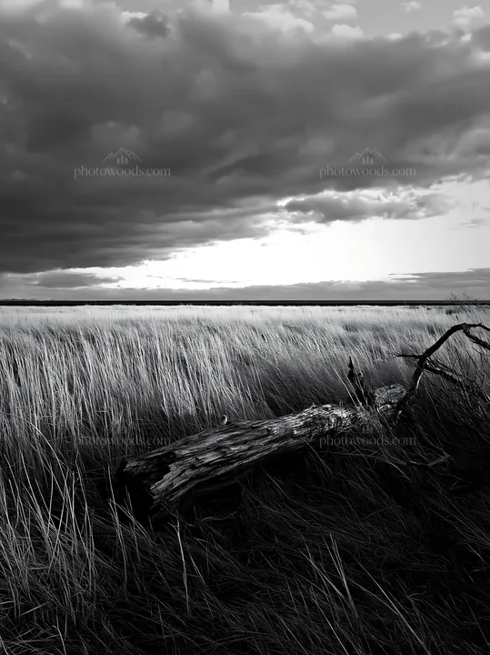 Driftwood on the Ishikawa coastal meadow during stormy weather - AI-generated stock image