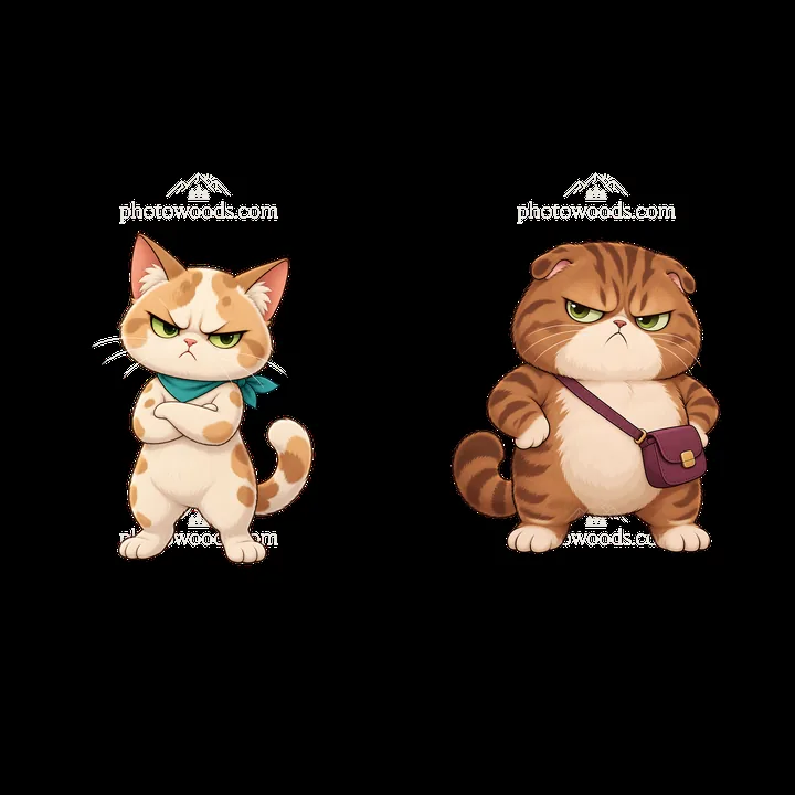Kawaii grumpy cat duo with accessories and distinct expressions - AI-generated stock image