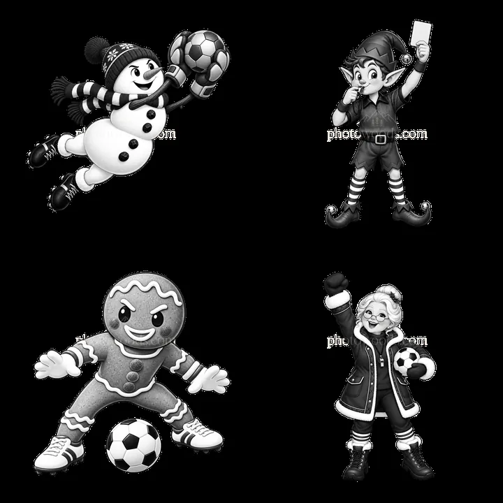 Holiday characters playing soccer in black and white - AI-generated stock image