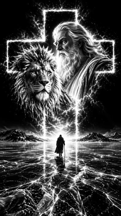 Jesus Christ walks on a frozen landscape toward a large cross - AI-generated stock image