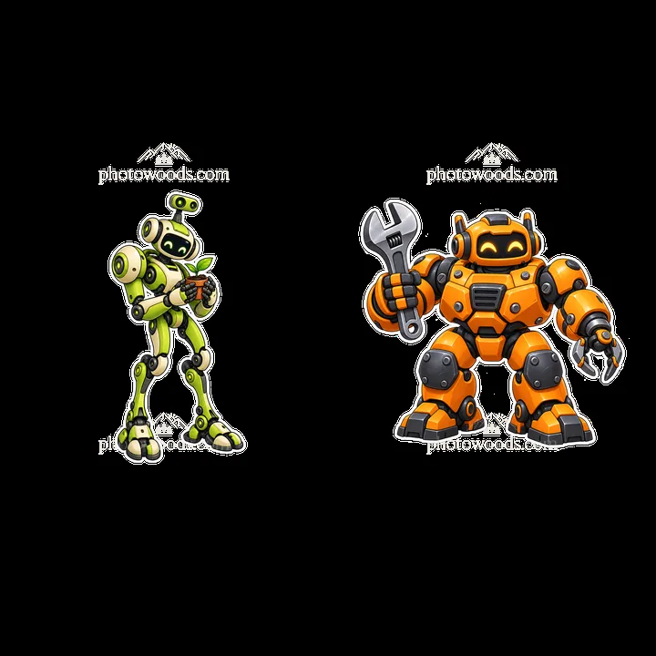 Two mech robots hold tools in unique colors and designs - AI-generated stock image