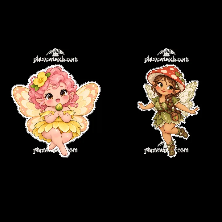 Chubby fairy characters with colorful wings and playful poses - AI-generated stock image