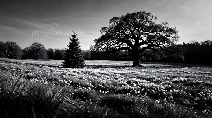 Vibrant Christmas tree in winter meadow with oak tree - AI-generated stock image