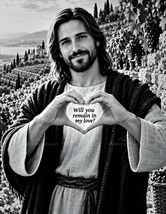Man holding heart with message in old vineyard setting - AI-generated stock image