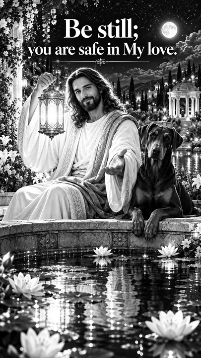Jesus Christ offers comfort with a lantern and a dog - AI-generated stock image