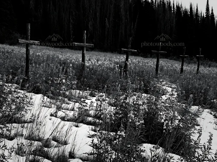 Multiple Christian crosses in snowy meadow - AI-generated stock image