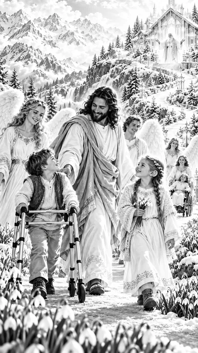 Jesus Christ walking with children in a beautiful garden - AI-generated stock image
