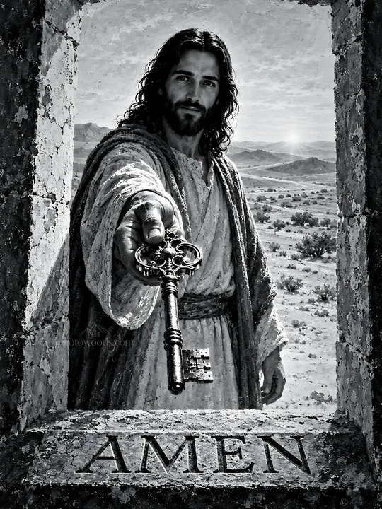Doorway to the desert with figure holding a key - AI-generated stock image