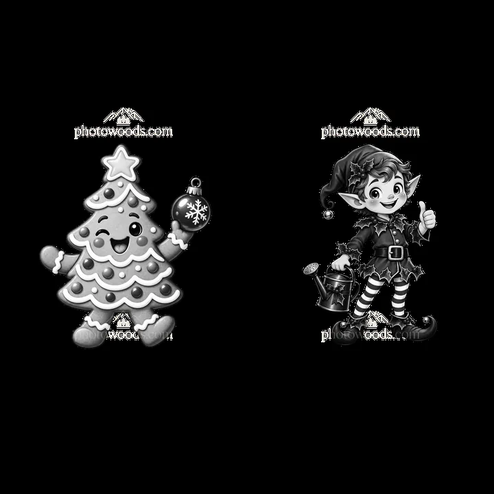 Cheerful Christmas tree and elf character cartoon sticker design - AI-generated stock image