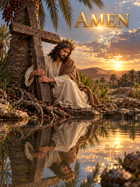 Jesus Christ holding a cross in a serene landscape at sunset - AI-generated stock image