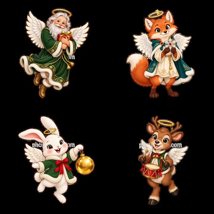 Christmas angel characters with gifts and festive outfits - AI-generated stock image