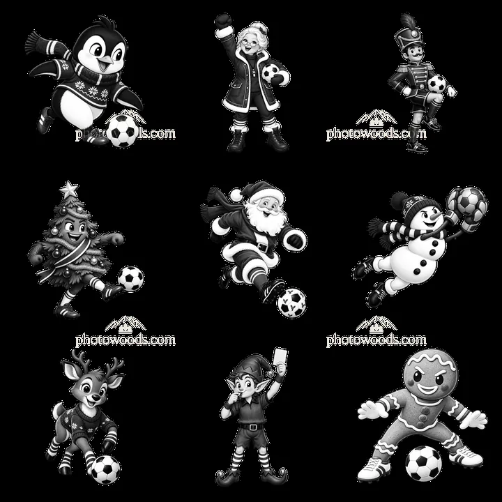 Christmas soccer characters in a 3x3 grid layout - AI-generated stock image
