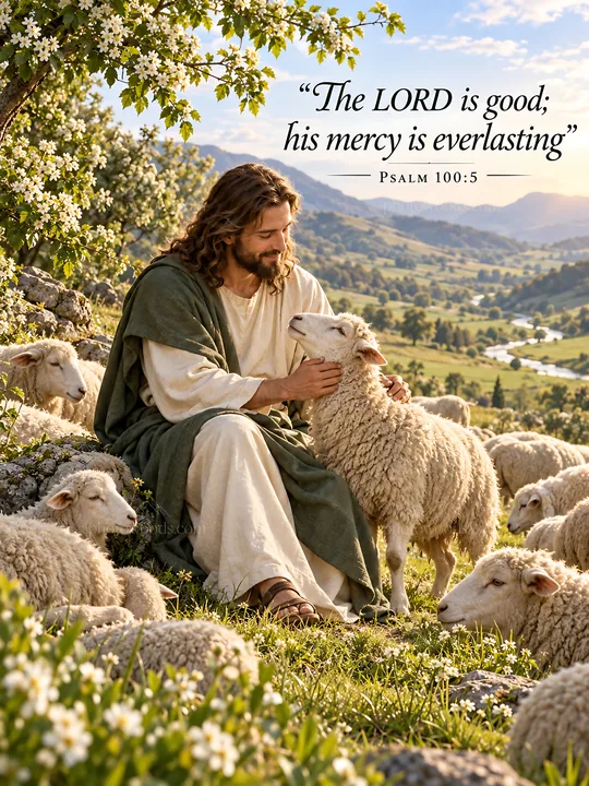 Jesus Christ caring for sheep in a lush field - AI-generated stock image