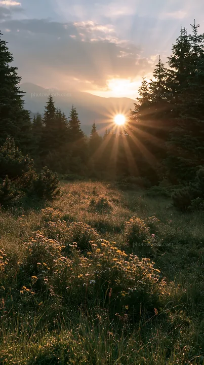 Bucegi Mountains meadow light rays with sun and trees - AI-generated stock image