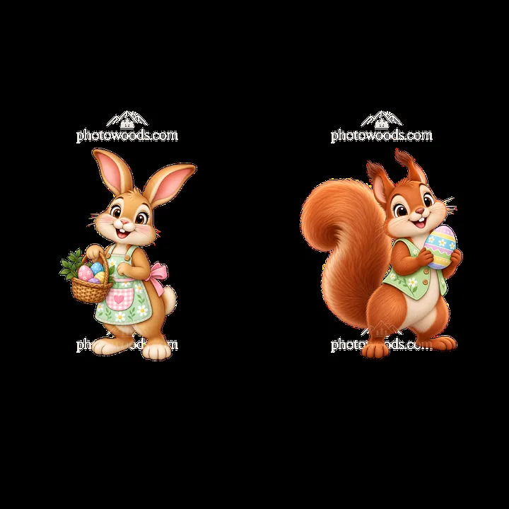 Bunny and squirrel with Easter basket and egg in a meadow - AI-generated stock image