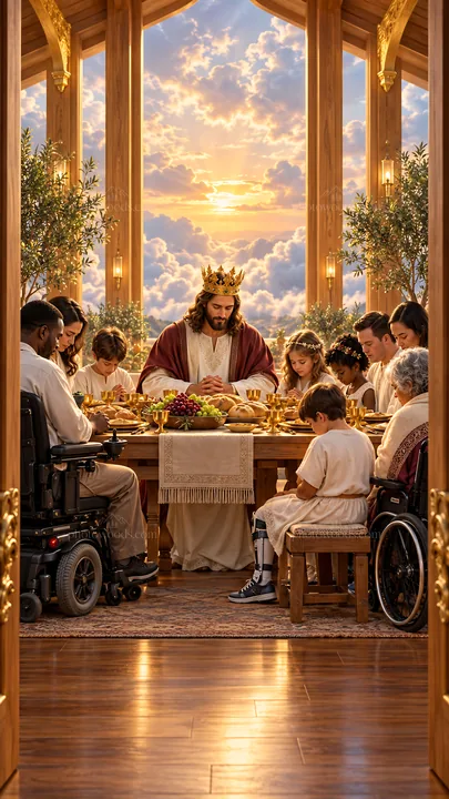 Jesus Christ sharing a meal with a diverse group of people - AI-generated stock image