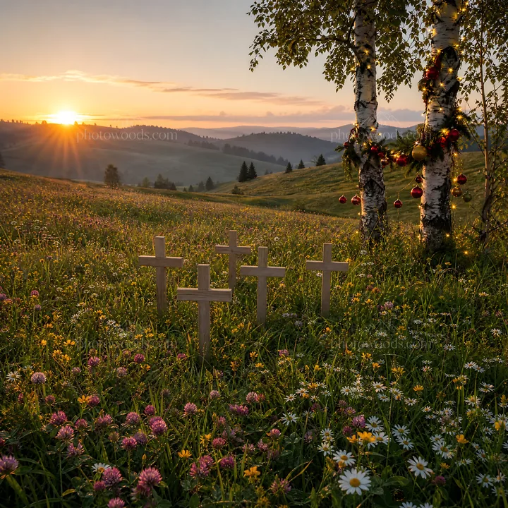 Christian crosses in a meadow during sunrise with light rays - AI-generated stock image