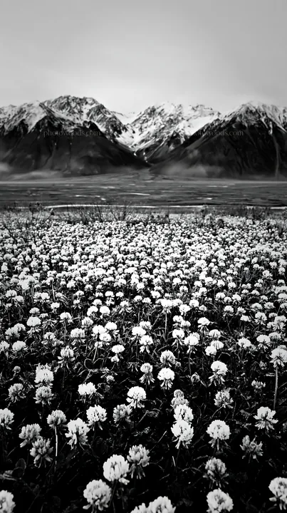 Clover meadow with dew in front of mountain range - AI-generated stock image