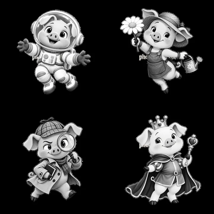 Cartoon pigs in various costumes and poses in a grid layout - AI-generated stock image