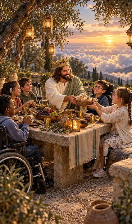 Jesus Christ sharing a meal with children - AI-generated stock image