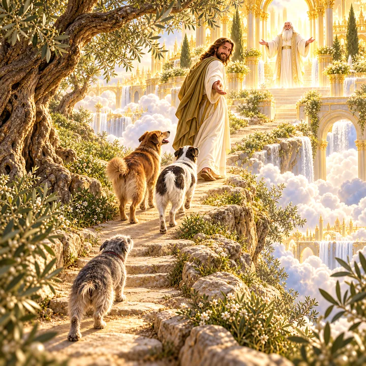 Jesus Christ walking with dogs toward a heavenly scene - AI-generated stock image
