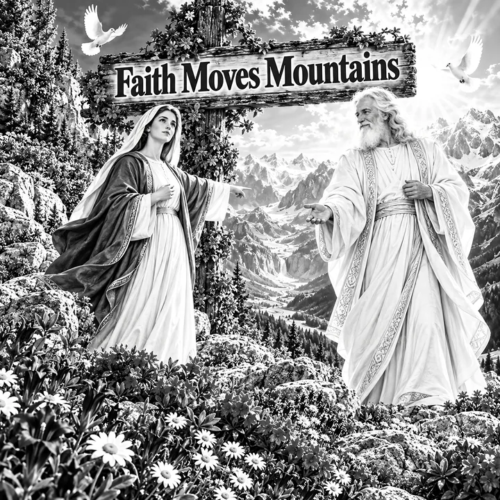 Jesus Christ welcomes a woman in a mountain landscape - AI-generated stock image