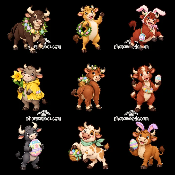 Easter ox characters with decorations and festive activities - AI-generated stock image