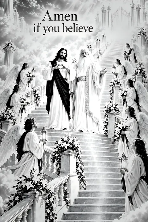 Stairway of Welcome with figures and angels - AI-generated stock image