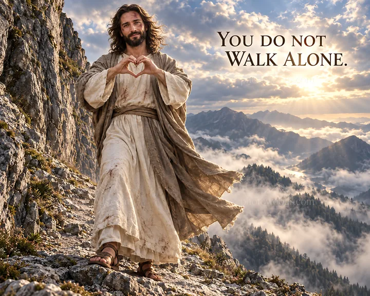 Jesus Christ walking on a mountain path inviting viewers - AI-generated stock image