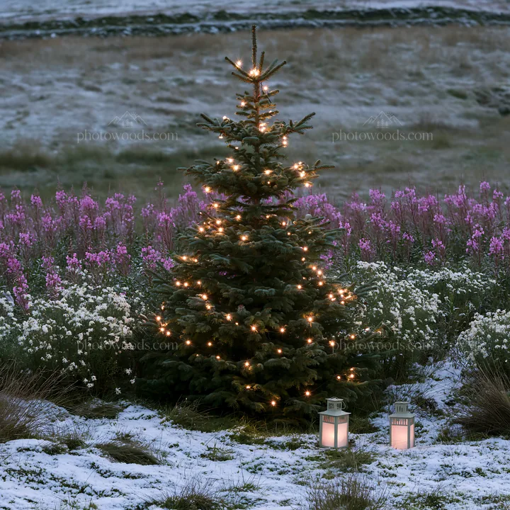 Christmas tree in snowy mountain meadow scene - AI-generated stock image