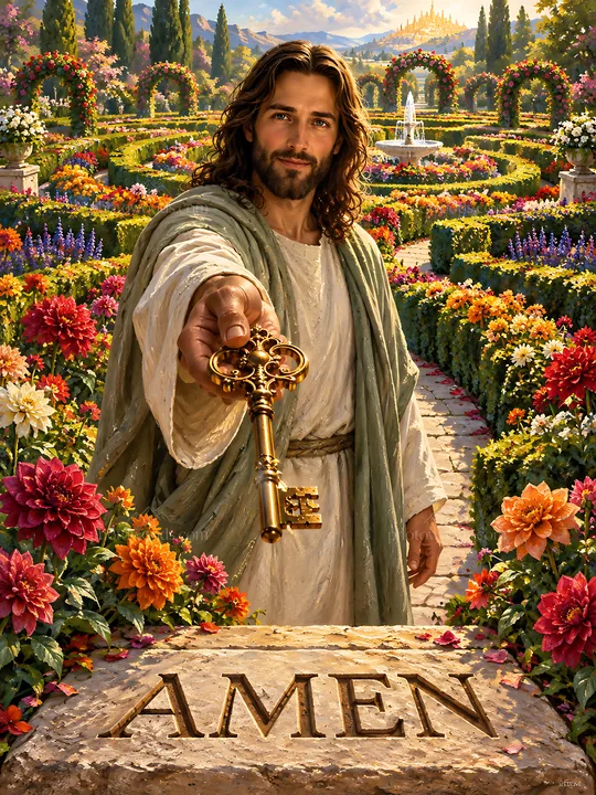 Key holder in flowering labyrinth with vibrant flowers - AI-generated stock image