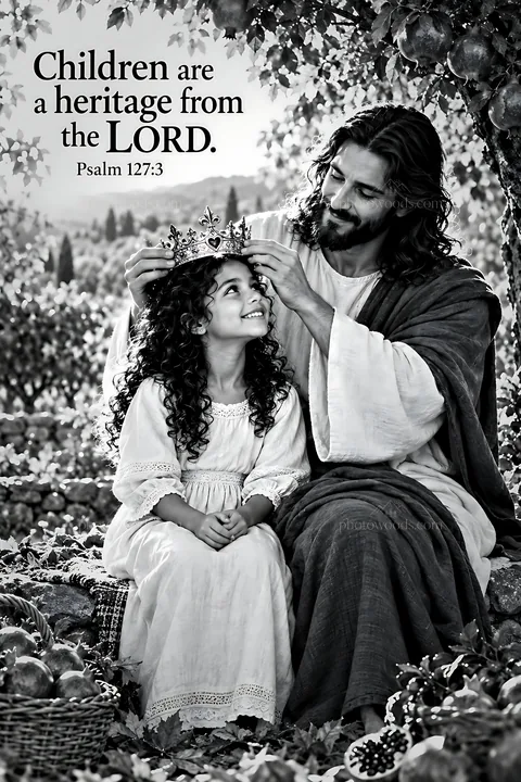Jesus Christ crowns a child in a garden setting - AI-generated stock image