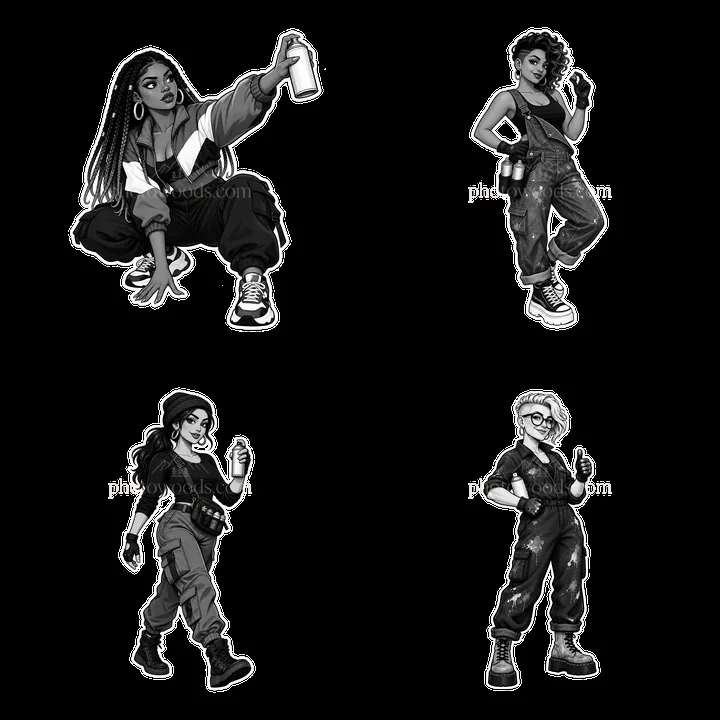 Sexy female graffiti sprayers holding cans in monochrome design - AI-generated stock image