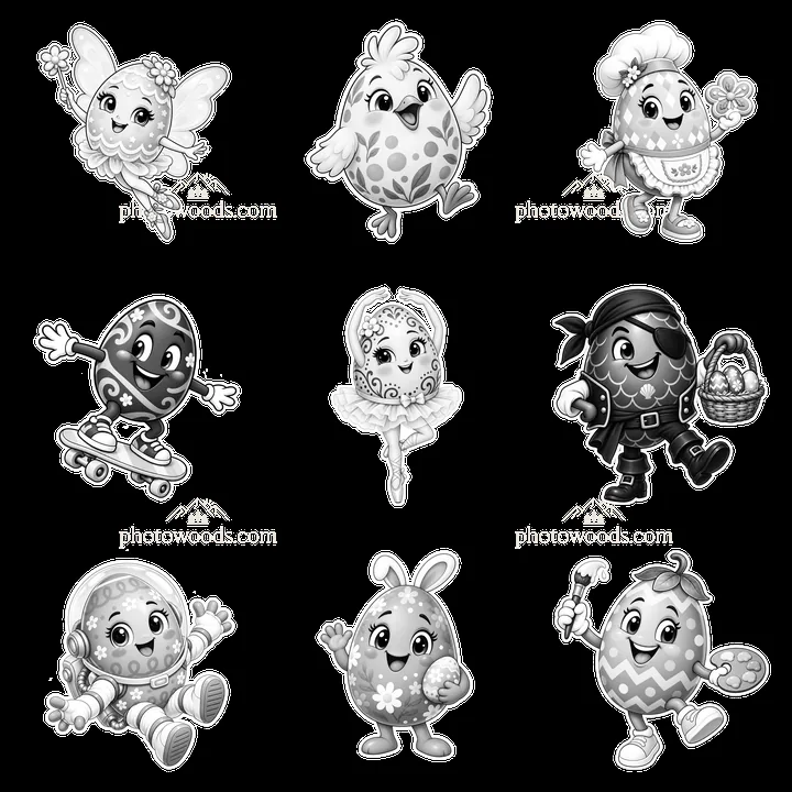 Colorful Easter egg characters in a fun 3x3 layout - AI-generated stock image